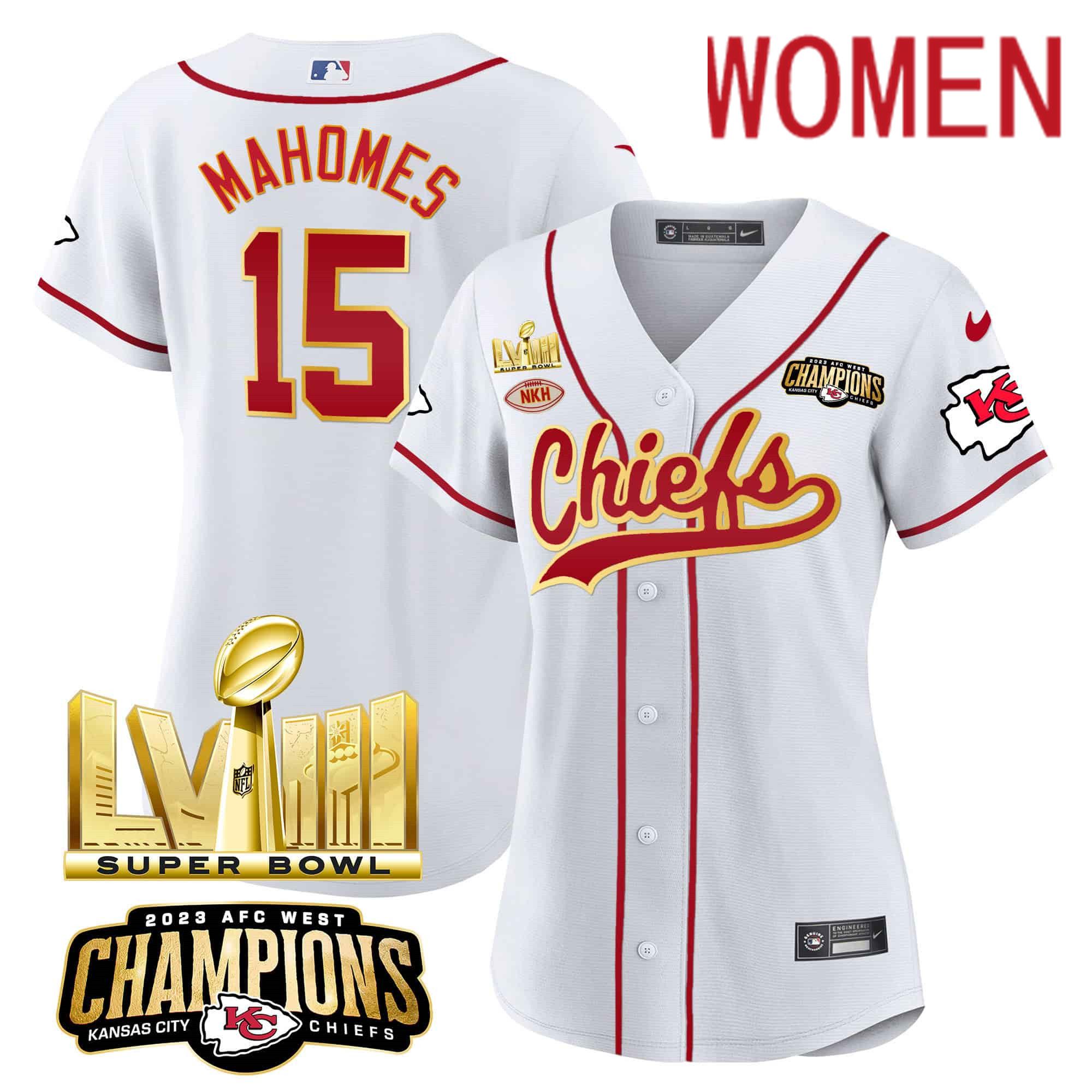 Women Kansas City Chiefs #15 Mahomes White 2024 Nike Super Bowl LVIII Back-2-Back Gold Patch Baseball NFL Jersey